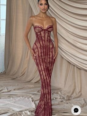 Babyboo SIAN Strapless Burgundy Lace Column Evening Gown